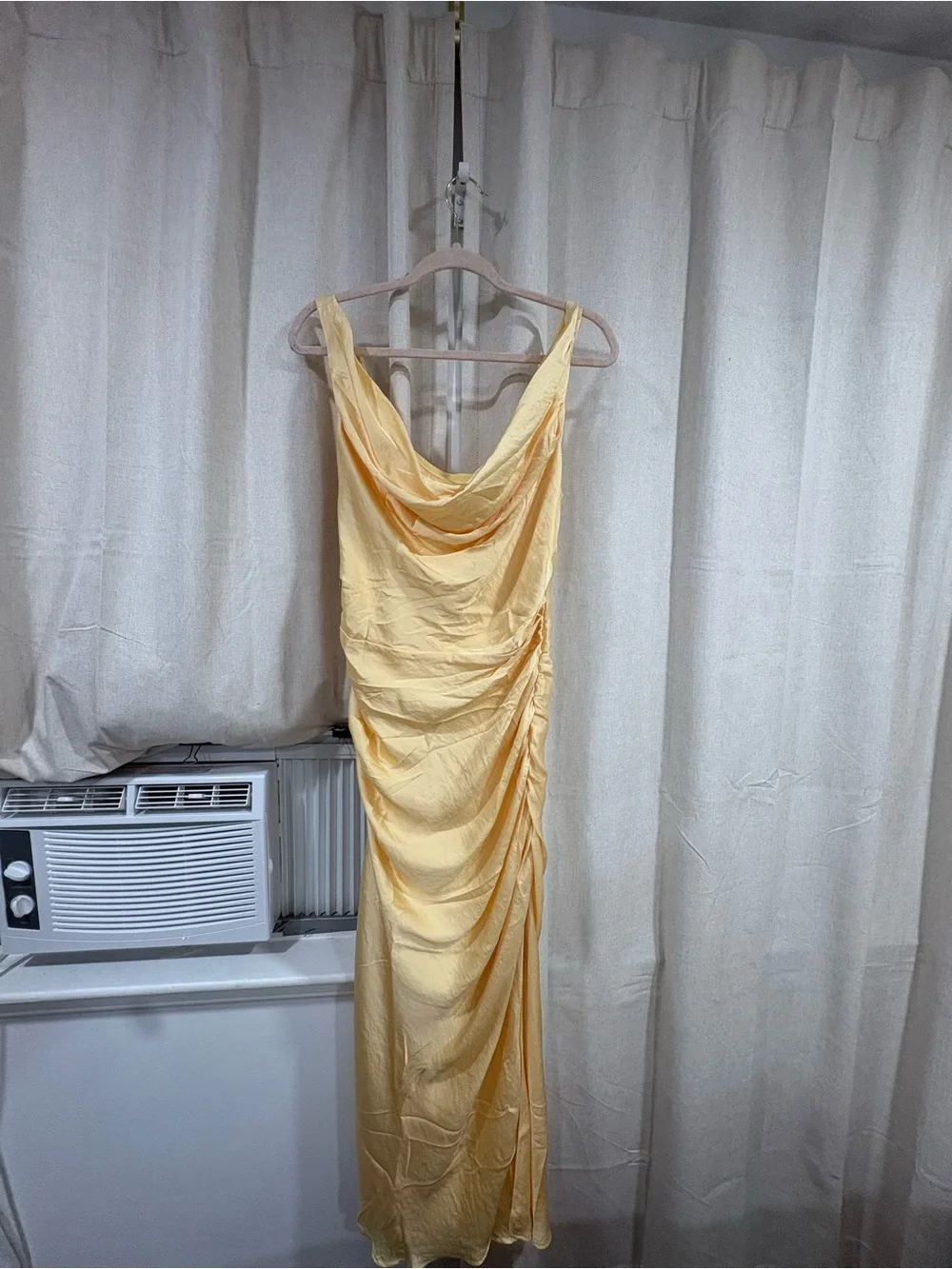 Satin Cowl Neck Ruched Midi Dress - Yellow